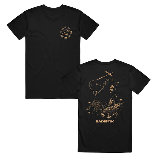 Sadistik black t-shirt in classic fit, made from 100% cotton Gildan Heavy Cotton; features a small circular logo on the front left chest and abstract line art with a plane, mountains, and bold SADISTIK text on the back.