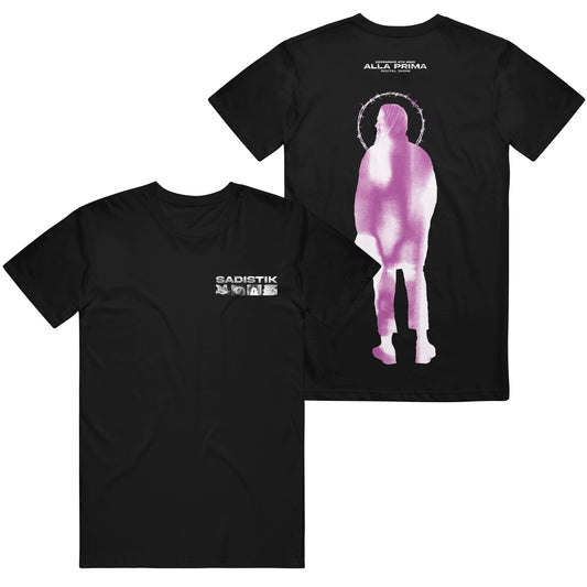 Black Gildan Heavy Cotton t-shirt by Sadistik with subtle front graphics and a bold purple-pink silhouette with ALLA PRIMA on the back. Made from 100% cotton, this classic fit tee offers comfort and style.