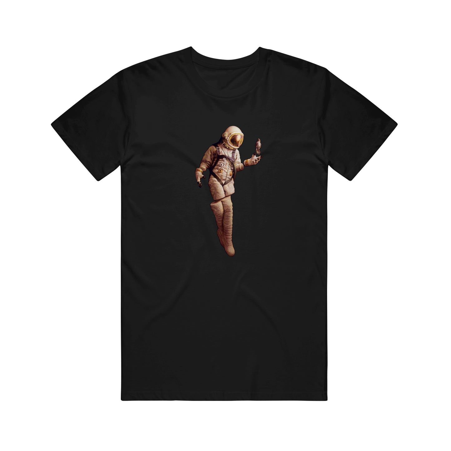 Sadistik black T-shirt in a classic fit, made from 100% cotton, showcases a vintage-style astronaut graphic at the chest, with the astronaut floating and balancing a butterfly on one finger.
