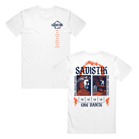 Classic fit white t-shirt by Sadistik, made from 100% cotton Gildan Heavy Cotton. Features “Sadistik” and “Like Dante” text, a front sins logo, and back with Dante’s portrait, panels, flames, and gothic lettering.