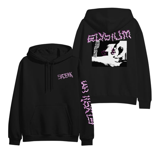 The Sadistik pullover hoodie features a classic fit, pink jagged text on the chest and sleeve, and matching text above a black-and-white graphic on the back. Made from a soft cotton/polyester blend, it includes a front pocket and drawstring hood.