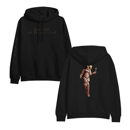 Sadistik classic fit pullover hoodie with cursive text on front and sleeve, soft ring-spun cotton, and a back graphic of an astronaut raising one hand. Front reads: how you feel when the world is yours.