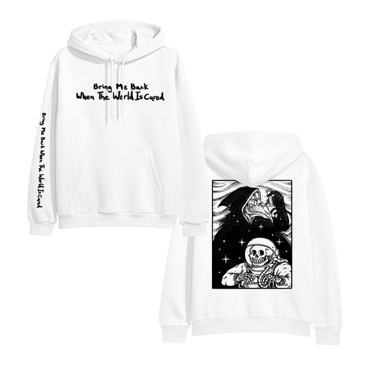 Sadistik’s white classic fit hoodie features black “Bring Me Back When The World Is Cured” text on chest and sleeve, a striking back graphic of a skeleton under a cloaked figure and starry sky, and is made from soft ring-spun cotton.