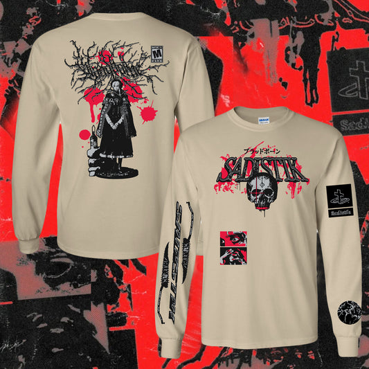 Beige Sadistik Gildan Ultra Cotton long-sleeve shirt featuring dark gothic graphics. Back: girl with antlers and red splatter. Front/sleeves: Sadist and bold designs on red/black. 100% cotton for comfort.