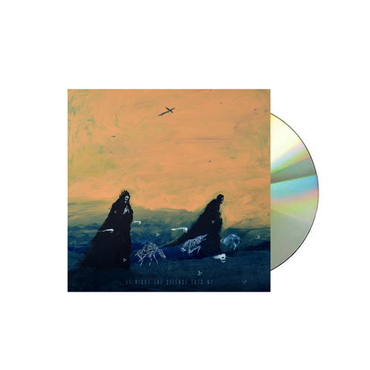 A CD by Sadistik with a cover depicting two cloaked figures and animal skeletons on a blue and yellow abstract landscape, drifting beneath a plane soaring across an orange sky.
