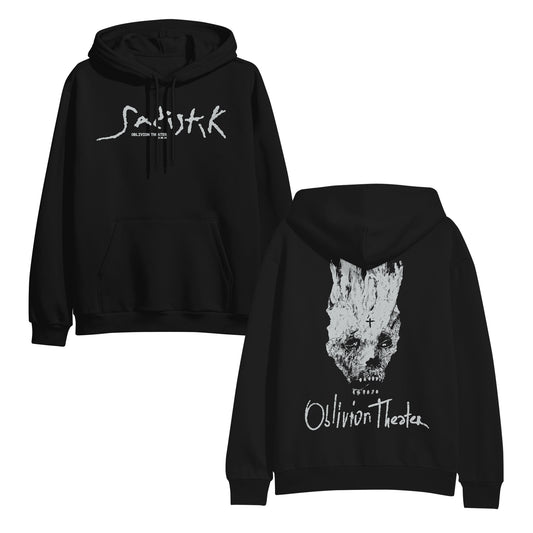 Black Sadistik hoodie with Oblivion Theater text on the front. Made from a soft cotton/polyester blend fleece, this classic fit features a large textured tree trunk or mask graphic and Oblivion Theater text on the back.