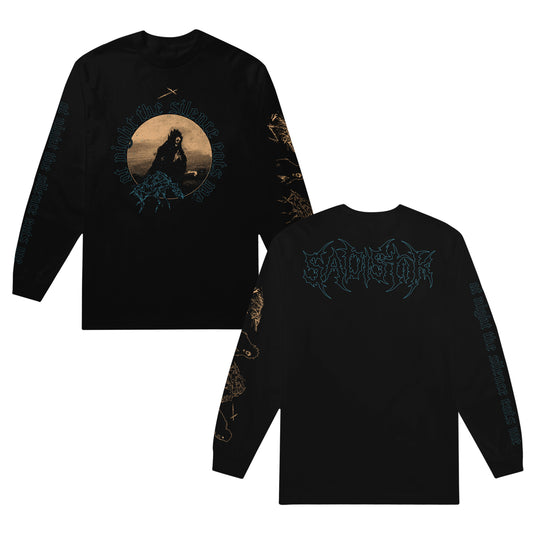 Sadistik black long-sleeve t-shirt in a classic fit, made from 100% cotton Gildan Ultra Cotton. Features a mystical seated woman graphic on the front, ornate sleeve designs and text, and a stylized Sadistik logo on the back.