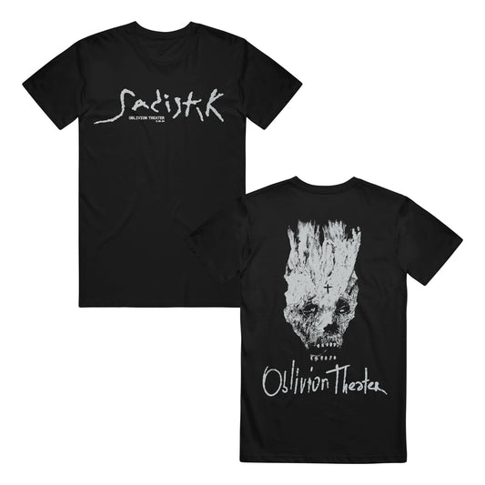 Sadistik black t-shirt in a classic fit, made from 100% cotton Gildan Heavy Cotton, features Oblivion Theater text on the front and a large abstract white skull with Oblivion Theater text on the back.