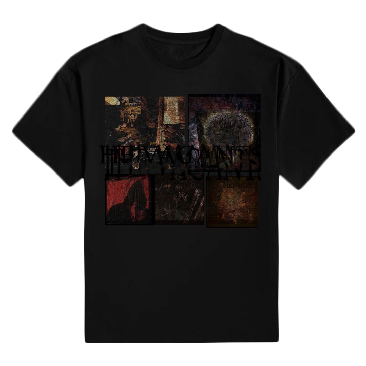 A black Sadistik T-shirt showcases a collage of six dark, abstract images on the chest, overlaid with distorted black text—ideal for fans of distinctive printed tees.