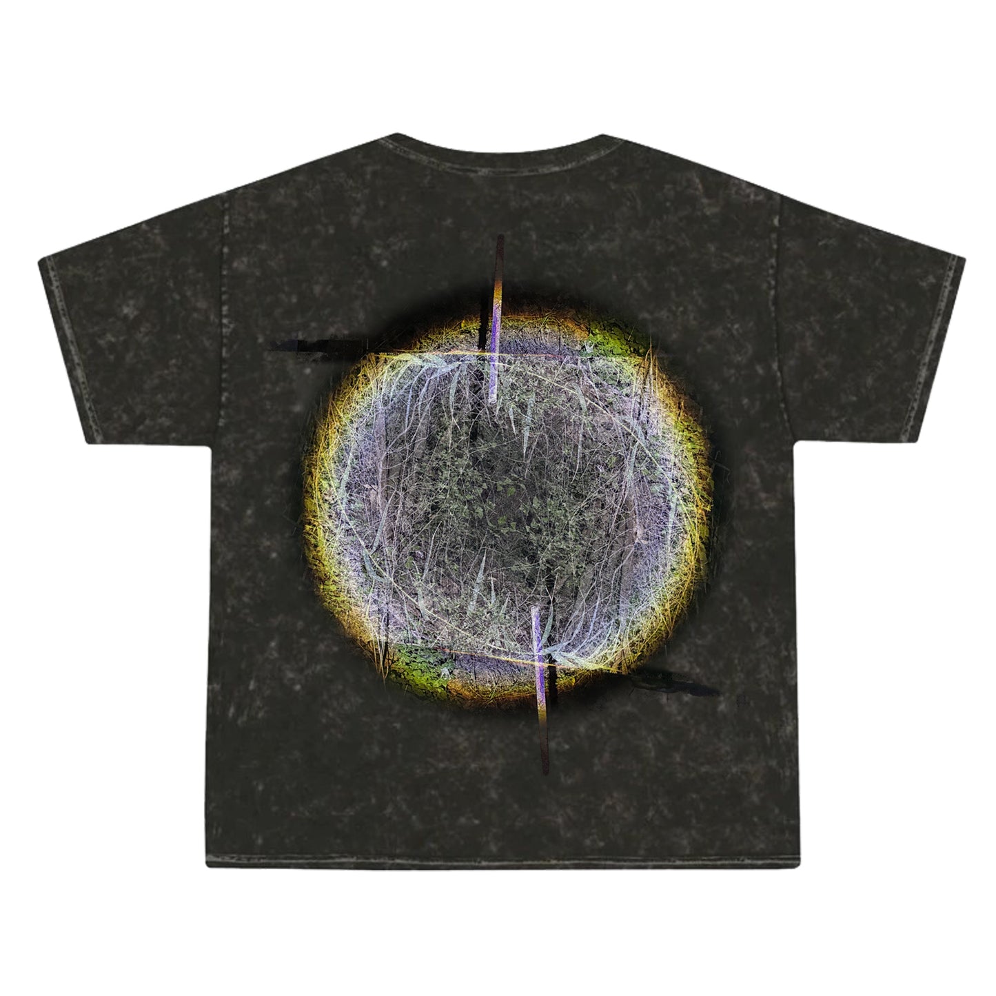 A black Sadistik Colortone Mineral Wash T-shirt featuring an abstract circular design with neon lines and glowing edges in white, yellow, and purple on the back. Perfect for fans of unique printed tees.