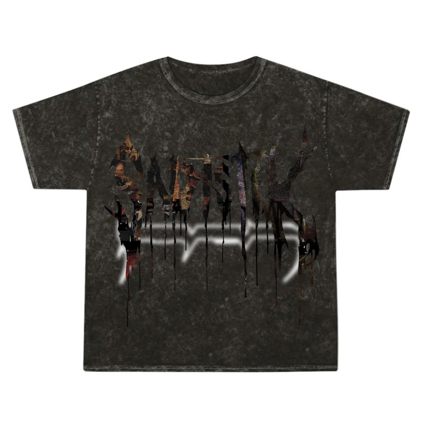 A black Sadistik Colortone Mineral Wash t-shirt featuring a bold, jagged, and drippy abstract chest graphic with faint white highlights.