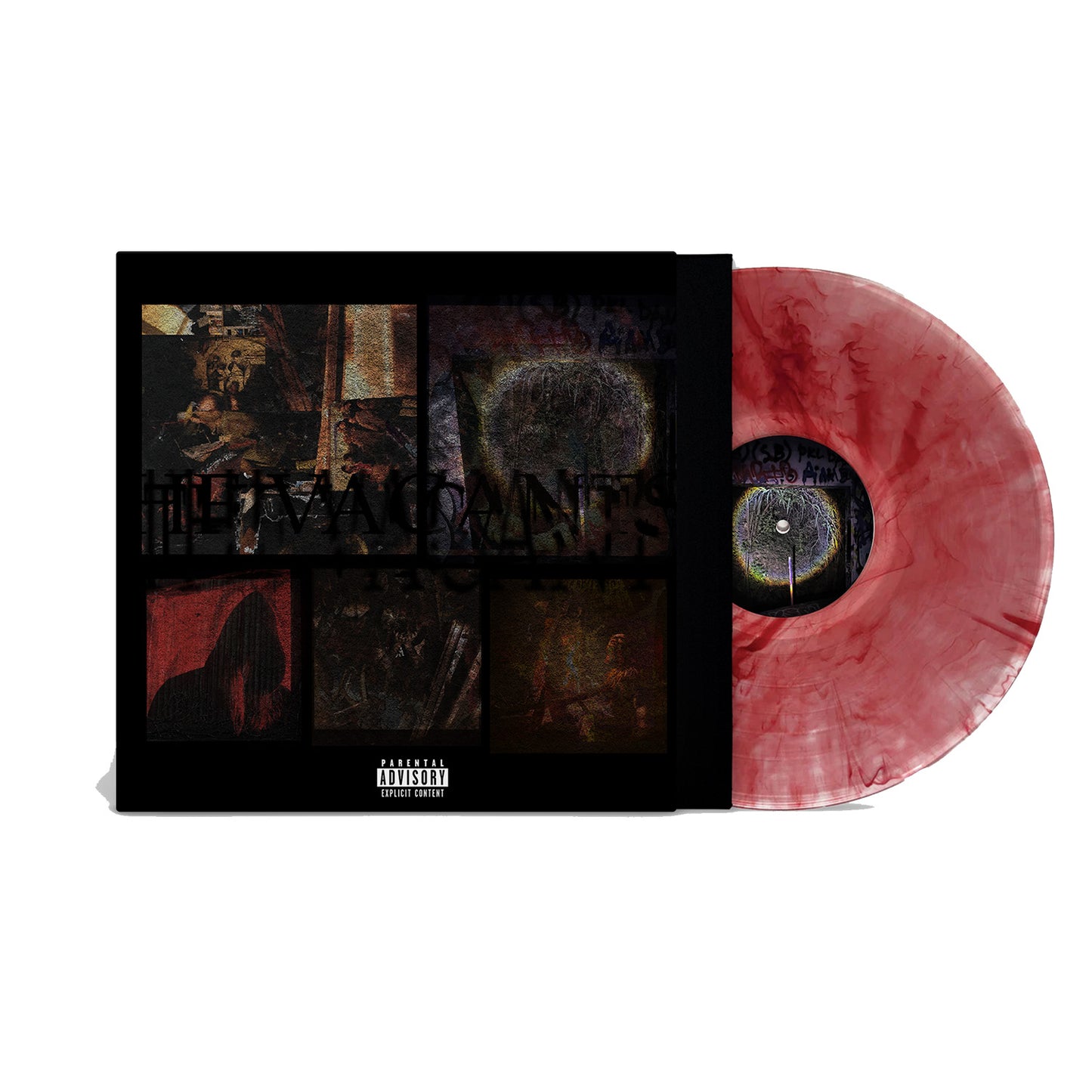 A marbled red vinyl record from Sadistik slides out of a dark, grid-style album cover with abstract, shadowy art. This limited edition features a parental advisory label at the bottom center.