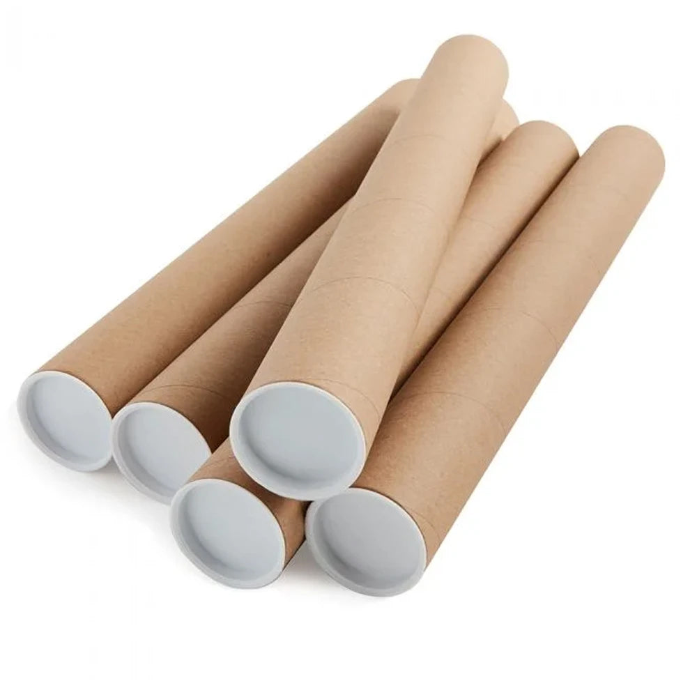 Five MerchNow brown poster tubes with white plastic end caps are fanned out on a white background—each tube securely holds up to 10 posters for safe mailing or storage.
