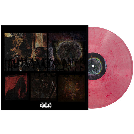 A marbled red vinyl record from Sadistik slides out of a dark, grid-style album cover with abstract, shadowy art. This limited edition features a parental advisory label at the bottom center.