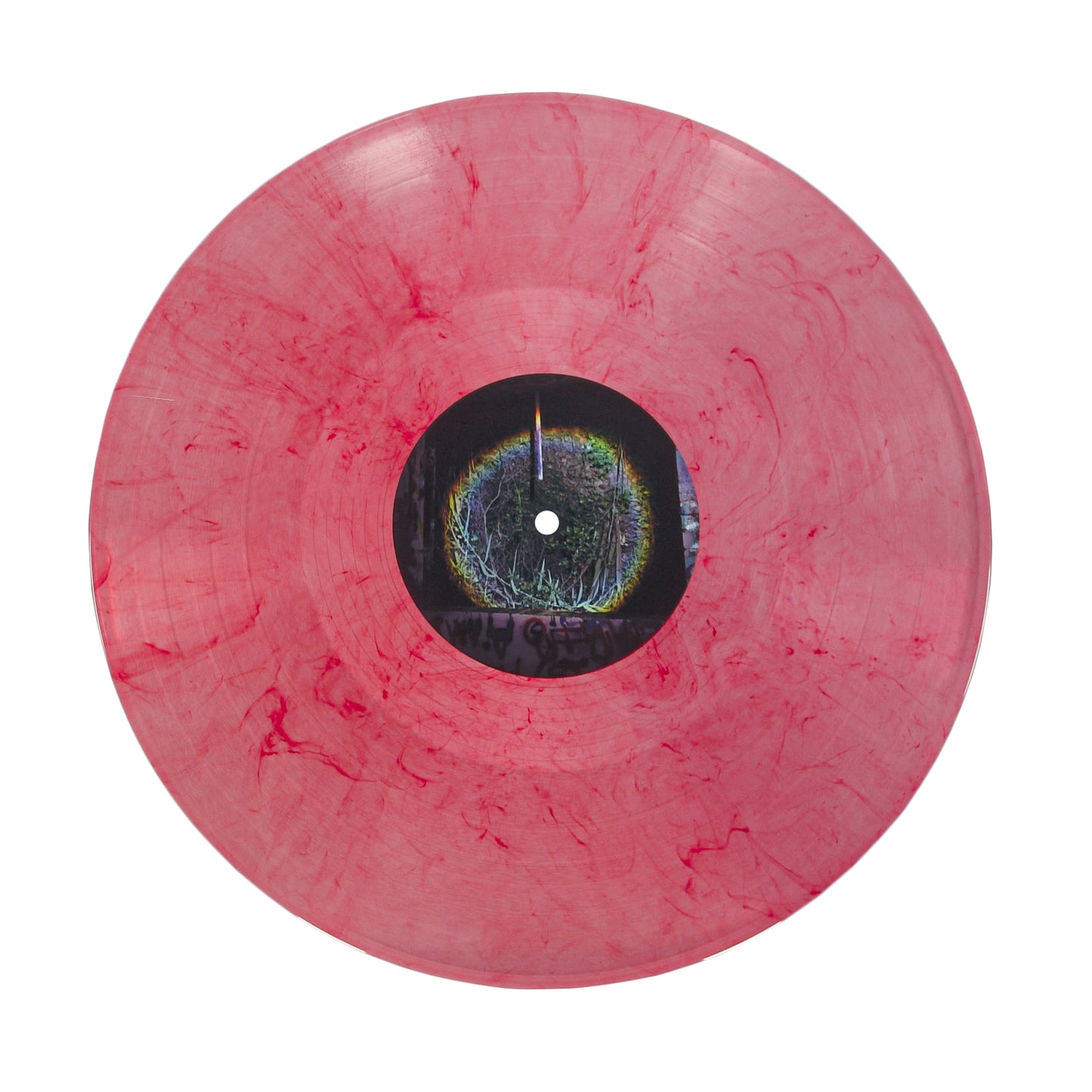 Pink vinyl record with a black label on a white background