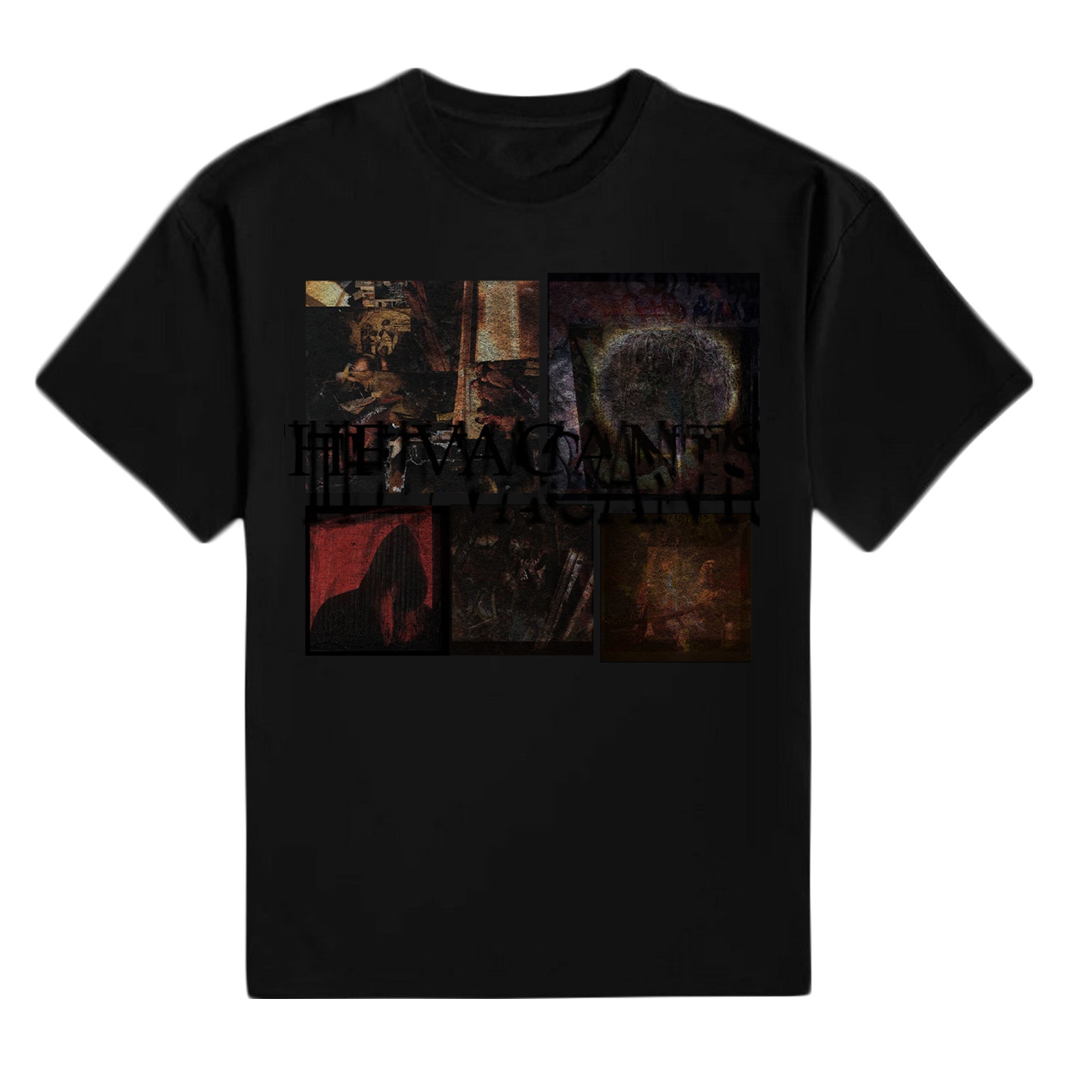 A black Sadistik T-shirt showcases a collage of six dark, abstract images on the chest, overlaid with distorted black text—ideal for fans of distinctive printed tees.