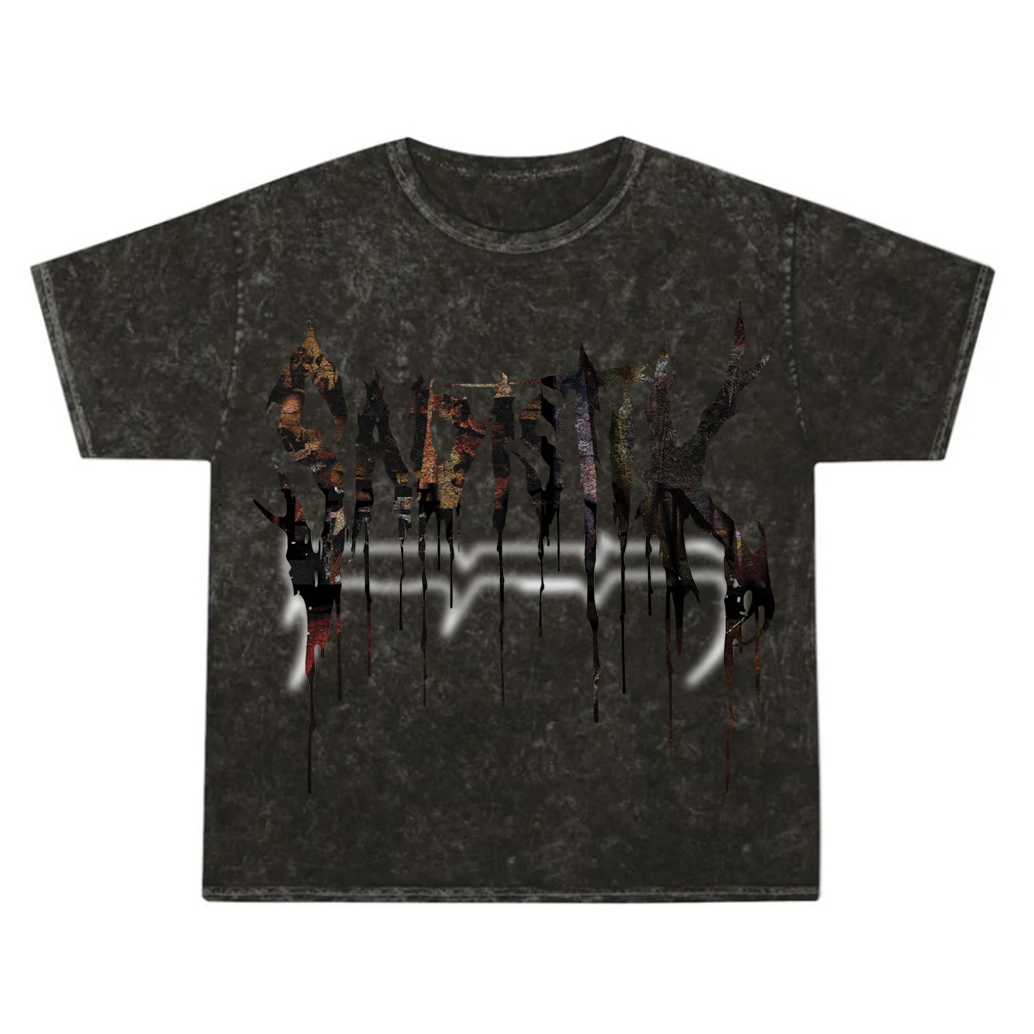 A black Sadistik Colortone Mineral Wash t-shirt featuring a bold, jagged, and drippy abstract chest graphic with faint white highlights.