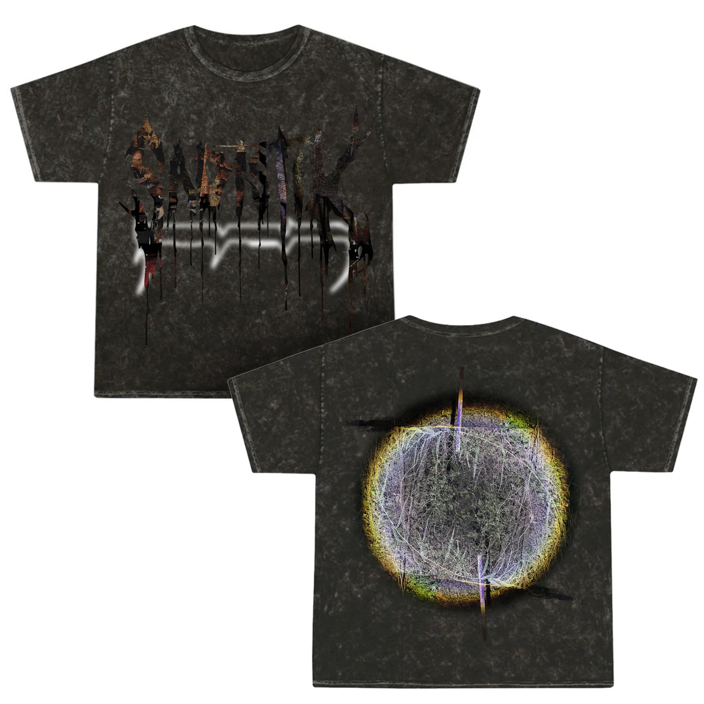 Front and back of a dark Sadistik Colortone Mineral Wash t-shirt. The front has abstract, dripped text; the back showcases a glowing, circular multicolored graphic with streaks for a bold look.