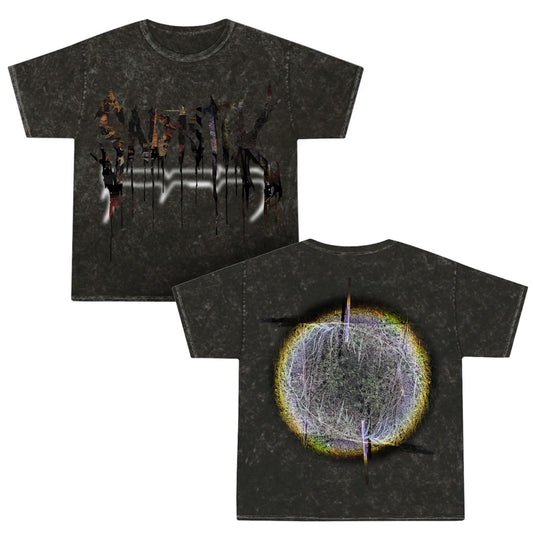 Front and back of a dark Sadistik Colortone Mineral Wash t-shirt. The front has abstract, dripped text; the back showcases a glowing, circular multicolored graphic with streaks for a bold look.